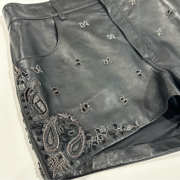 YSL Saint Laurent High Rise Embellished Embroidered Lambskin Leather Shorts - Picture 10 of 15